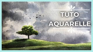 TUTO  Aquarelle CIEL NUAGEUX ET ARBRE  Tuto aquarelle débutant pas à pas [upl. by Aiderfla]