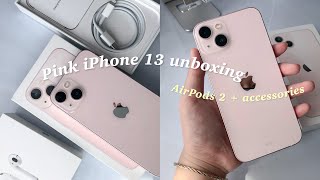 iPhone 13 pink 256 gb unboxing  AirPods 2  ft cute accessories 💓✨ [upl. by Serolod143]