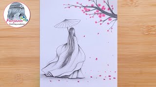 How to Draw Japanese Girl with Kimono  A girl under cherry blossom tree  Pencil Sketch Tutorial [upl. by Madelene570]