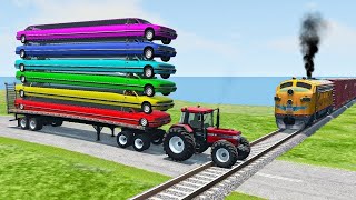 Double Flatbed Trailer Truck vs Speedbumps Train vs Cars  Tractor vs Train BeamngDrive 050 [upl. by Neellok]