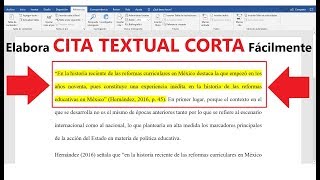 CÓMO HACER UNA CITA TEXTUAL CORTA  MUESTRO EJEMPLO  NORMAS APA [upl. by Erapsag26]