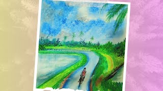 Village Roadside Scenery with a Boy Cycling  Easy Oil Pastel Drawing for Beginners [upl. by Afatsom929]