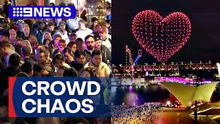 Crowd chaos as thousands pack Sydney Harbour foreshore for Vivid drone show  9 News Australia [upl. by Jansson]