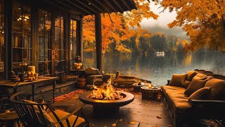 Fall Porch Ambience 🍂 Relaxing Autumn Morning Jazz Music with Rain Sounds amp Fireplace to Study Work [upl. by Zeidman]