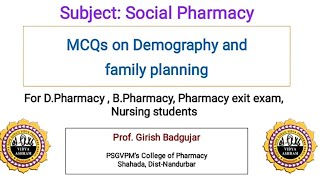 MCQs on Demography and Family planning Social Pharmacy II D Pharmacy [upl. by Aicilec875]