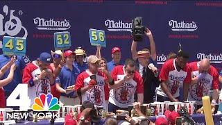 Miki Sudo and Patrick Bertoletti eat to victory in Nathans Hot Dog Eating Contest  NBC New York [upl. by Kenay]