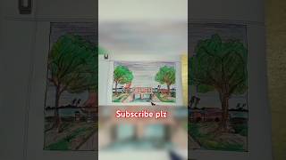 How to draw a river and street picture😍art drawing painting village tree shorts [upl. by Anilegnave]