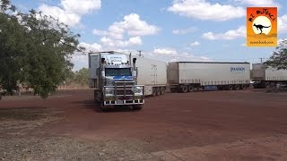 Massive road trains at roadhouses in outback Australia [upl. by Darnall46]