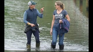 Beaming Zara Tindall wades through flooded fields at Blenheim International Horse Trials [upl. by Dorreg]