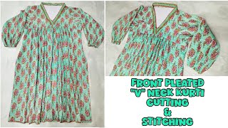 Front pleated V neck collar kurti easy cutting and stitching  kurticuttingandstitching [upl. by Schuh]