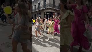 Brass band marches with bridesmaids through French Quarter in New Orleans frenchquarter brassband [upl. by Eyaj]