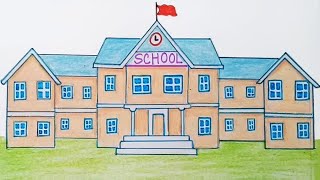 How to draw a school step by step very easy [upl. by Tansey]