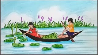 How to draw scenery of children collect water lily using boat step by step [upl. by Intirb]