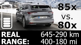 Skoda Enyaq 85x vs 80x highway real range energy power consumption economy mpkWh kWh100km city SUV [upl. by Adnawad]