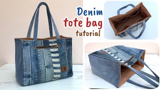 how to make denim tote bag with 4 pockets and 2 zip pockets from old jeans diy tote bag tutorial [upl. by Xam438]