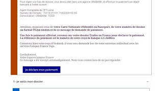 Comment déclarer le payement des frais de dossier Campus FranceQuittance de payement Campus France [upl. by Nannie]