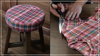 世界に一つのスツール椅子の作り方子供服のリメイク古着家具DIYstoolchairremakefurnitureupholsteryreupholstery [upl. by Rempe]