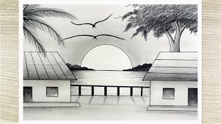 Sunset Landscape Drawing with pencil Pencil Drawing for Beginners step by step [upl. by Hujsak]