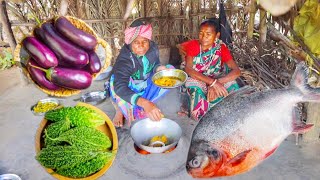 FISH CURRY with BRINJAL and KARELA VAJI recipe cooking amp eating by santali tribe old couple [upl. by Yslehc]