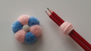 Making Pom Pom Flowers with Pencil🥰How to Make a Pom pom✔Woolen Ball MakingEasy Pompom Making [upl. by Marcelle]