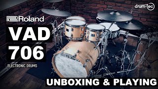 Roland VAD706 vdrums acoustic design electronic drums unboxing amp playing [upl. by Ienttirb912]