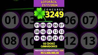 🍀 LOTOFÁCIL SORTEIO 21112024 CONCURSO 3249 [upl. by Pember]