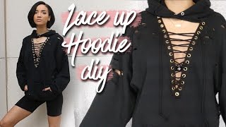 DIY  Lace Up Distressed Hoodie  Thrift Revamp [upl. by Amelus]