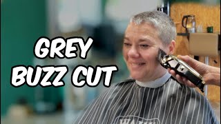 Wild Cowlicks tamed Feminine 7 Buzz Cut  Thick amp Grey Hair Makeover Womens barbershop HFDZK [upl. by Linoel152]