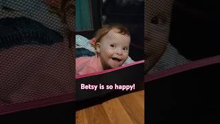 Betsy loves to bounce and smoosh her face on the packnplay mesh downsyndromebaby happybaby [upl. by Atikihs966]