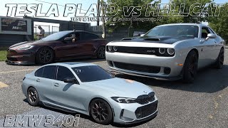 Tesla Plaid vs Hellcat amp BMW 340i Drag Racing  Island dragway [upl. by Aiselad]