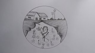 How to draw village girl  water lily collect scenery Drawing with Yesmin [upl. by Drof]