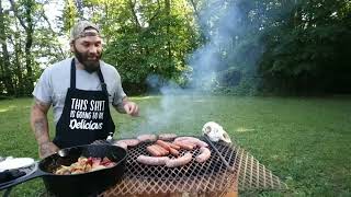 cooking ribeye steak burgers on a barrel grill with bratwurst and hot dogs country boy style [upl. by Urial]