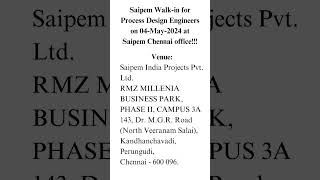 Saipem Walkin for Process Design Engineers on 04May2024 at Saipem Chennai office [upl. by Batha]