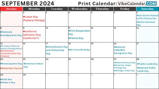 September 2024 Calendar with Holidays and Observances All holiday calendar september [upl. by Ecnirp]