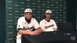 UM pitcher Thomas Woodrey And shortstop Brandon Lopez speak after Miami Defeats Manhattan 100 [upl. by Kezer]