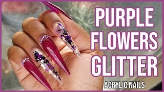 🔴 Watch Me Do My Nails LIVE  Purple Flowers and Glitter Acrylic Nails LongHairPrettyNails [upl. by Arraic]