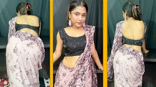 Beautiful Girl Ultra Low Waist Saree Back Pose Video  Saree Fashion Back Pose backlesssaree [upl. by Kenimod]