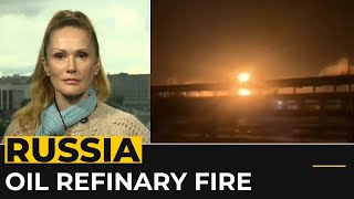 Russia oil refinery fire authorities blame a drone strike in Krasnodar [upl. by Goodill]