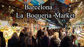 Barcelona La Boqueria street food Market drinks Meat Seafood juice fruit Barça Spain [upl. by Wolk141]