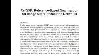 RefQSR Reference Based Quantization for Image Super Resolution Networks [upl. by Nhojleahcim]