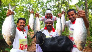 Bengali famous Hilsha fish amp Mutton curry recipe  Sorshe Ilish recipe cooking for village people [upl. by Suirauqed]