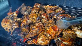 Jerk Chicken slowly cook on the grill Authentic Jamaican Jerk Chicken Recipe [upl. by Leiram]