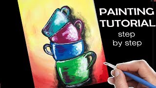 Painting for beginners COFFEE CUPS  How to Paint in Acrylics Step by Step [upl. by Avivah]