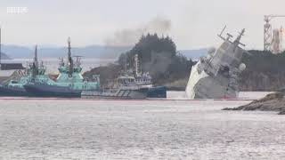 Helge Ingstad Norways warship collides with tanker in fjord [upl. by Alliehs277]