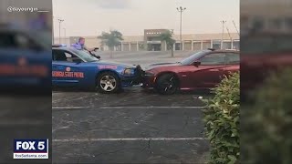 Caught on camera Driver doing donuts in mall parking lot rammed by state trooper in dramatic chase [upl. by Drexler983]