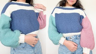 Knit Beginner Cropped Sweater Colorblock Tutorial [upl. by Omrellug]