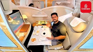 The Complete EMIRATES A380 FIRST CLASS Experience with LUXURY DINING [upl. by Sublett]