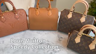 My Louis Vuitton Speedy Collection in warm neutrals w review of LV Speedy 25 and 20 and mod shots [upl. by Cogen223]