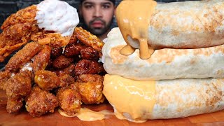 ASMR GIANT BURRITOS WITH CHEESE SAUCE AND CHICKEN WINGS WITH EXTRA RANCH MUKBANG [upl. by Ardnek191]