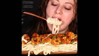 CREAMY FETTUCCINE ALFREDO PASTA WITH SHRIMP MUKBANG  SEAFOOD MUKBANG  ASMR EATING  ASMR FOOD [upl. by Aibat]